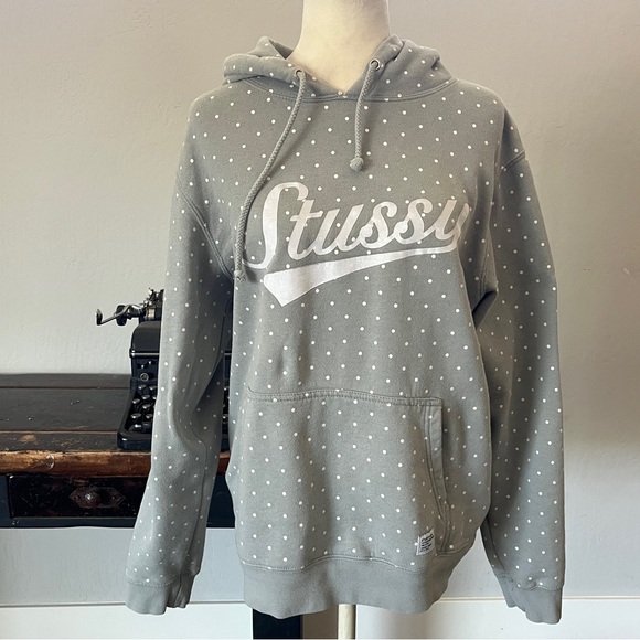 Vintage Stussy Gray and White Polka Dot Hooded Sweatshirt - Size Large - Picture 1 of 14